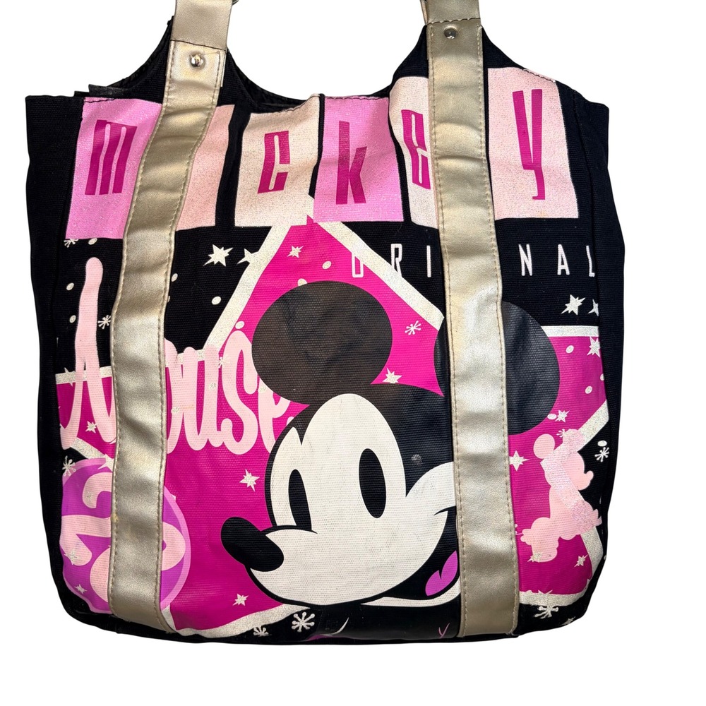 Disney Mickey Mouse Y2K Pink Black Silver Canvas Tote Bag Vintage Style - Picture 2 of 15